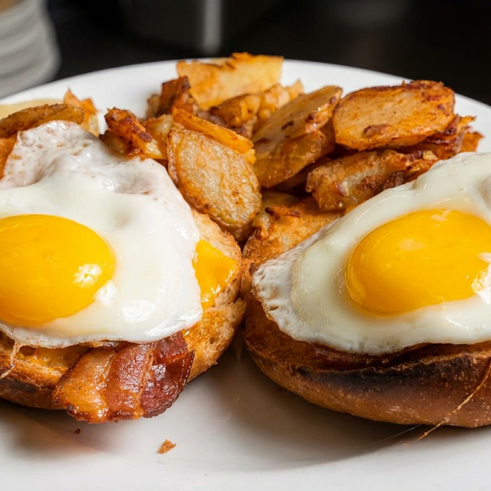 Two breakfast sandwiches topped with fried eggs and bacon, served with crispy home fries on a white plate.