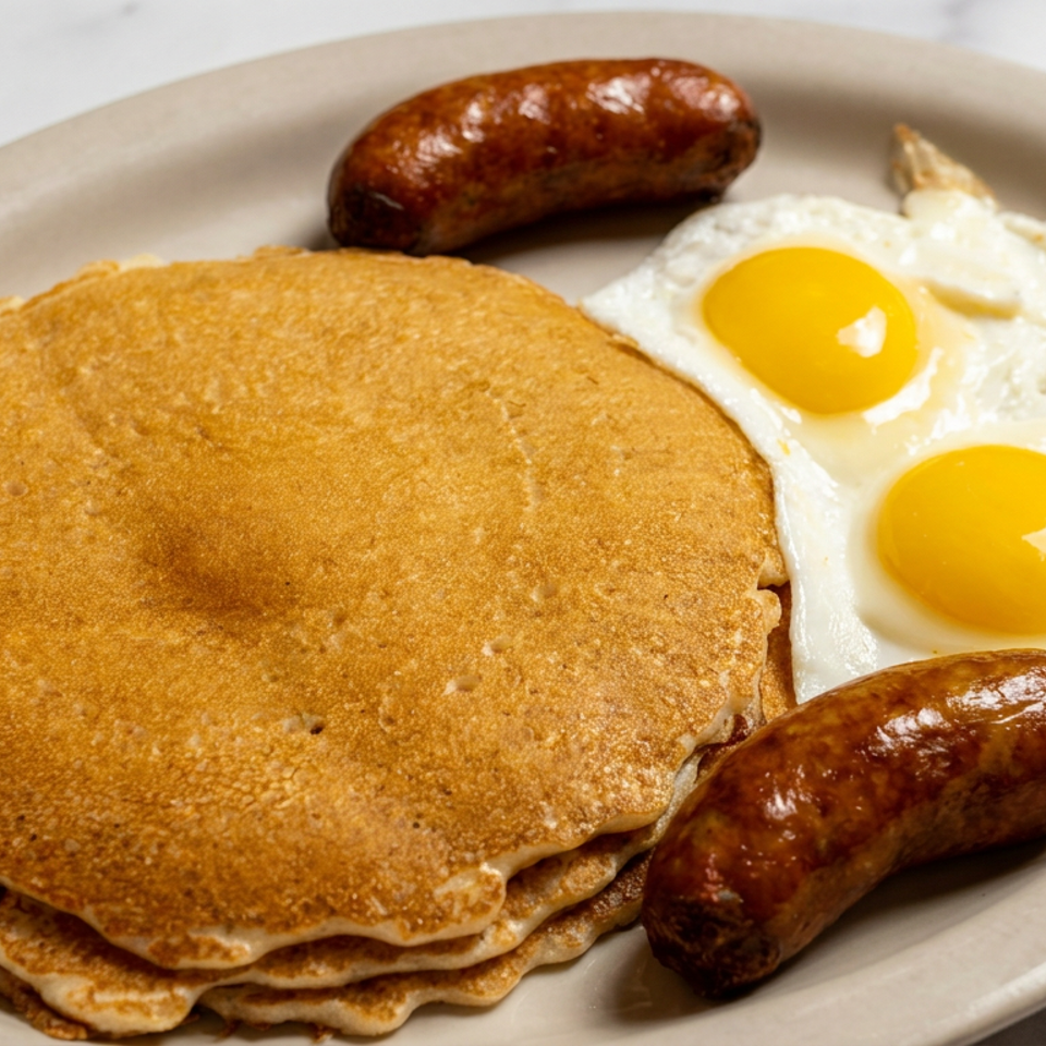 Stack of golden pancakes served with two fried eggs and two browned sausages on a plate.