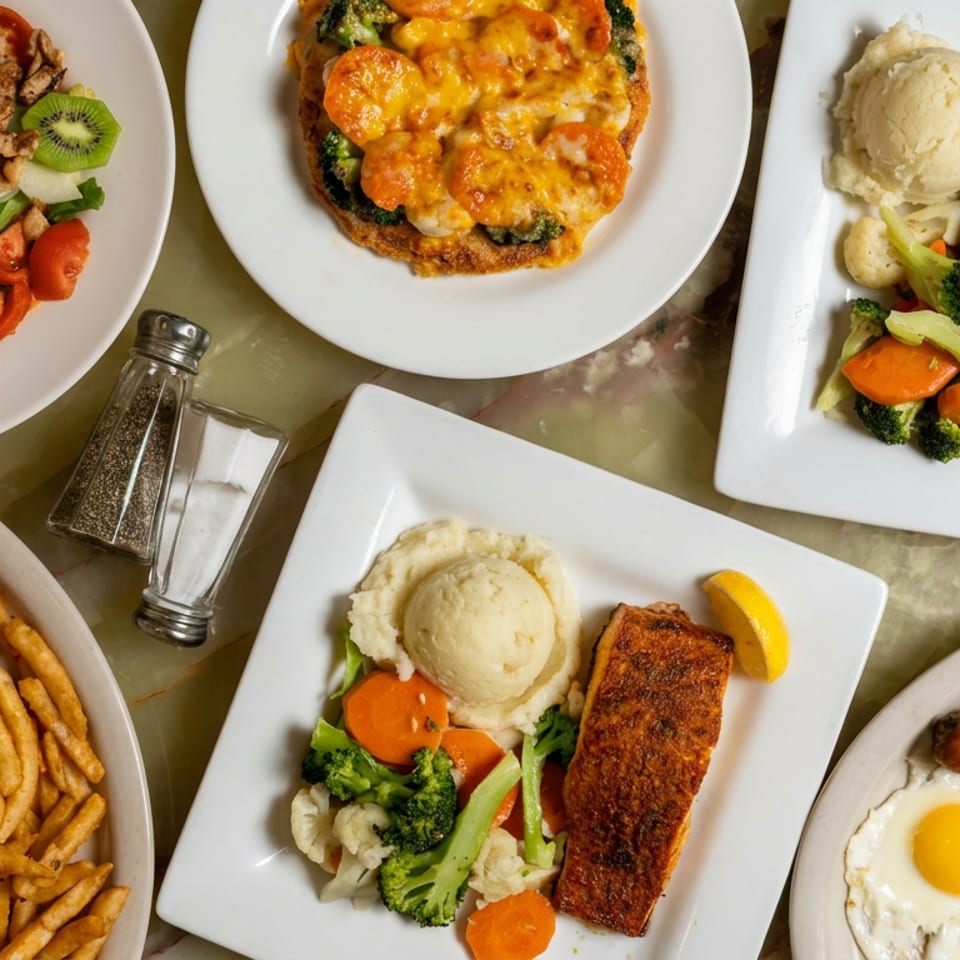 Overhead view of assorted restaurant dishes, including salads, cheesy pizza, steak, fish, vegetables, fries, pancakes, sausage, and eggs.