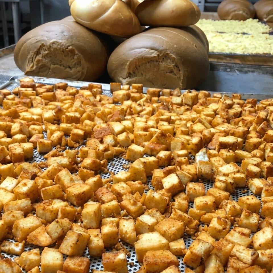 Golden toasted bread cubes fill a baking tray, with freshly baked loaves and a tray of shredded topping in a commercial kitchen.