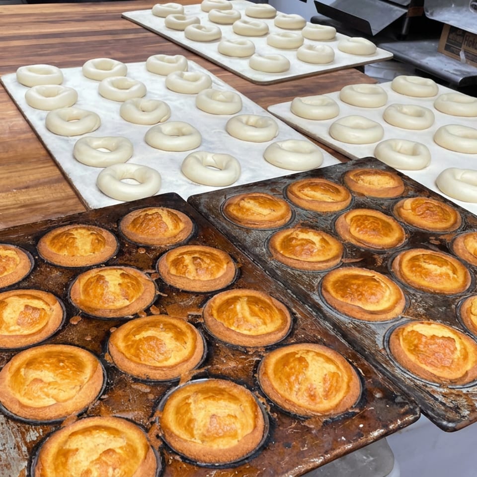 Fresh ring-shaped dough and golden pastries arranged on baking trays across a wooden bakery worktable.