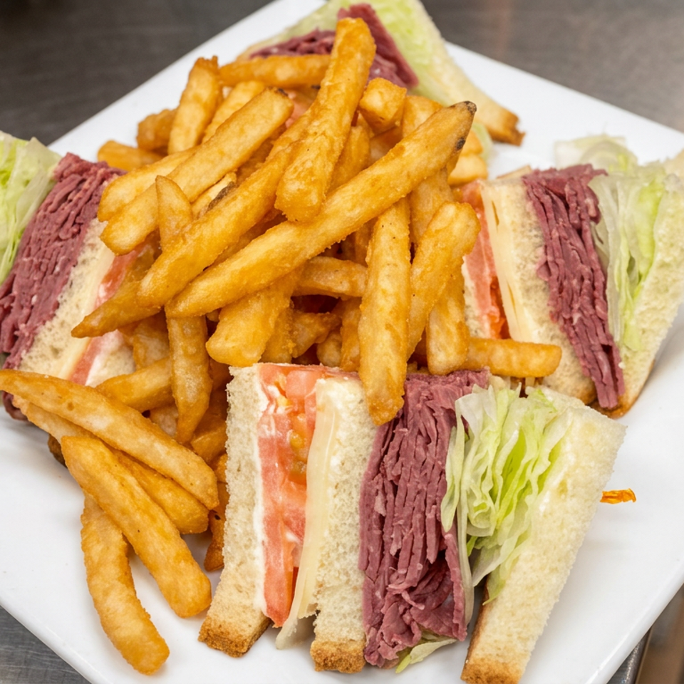 Plate of sliced corned beef sandwiches with lettuce and tomato, surrounded by golden French fries.