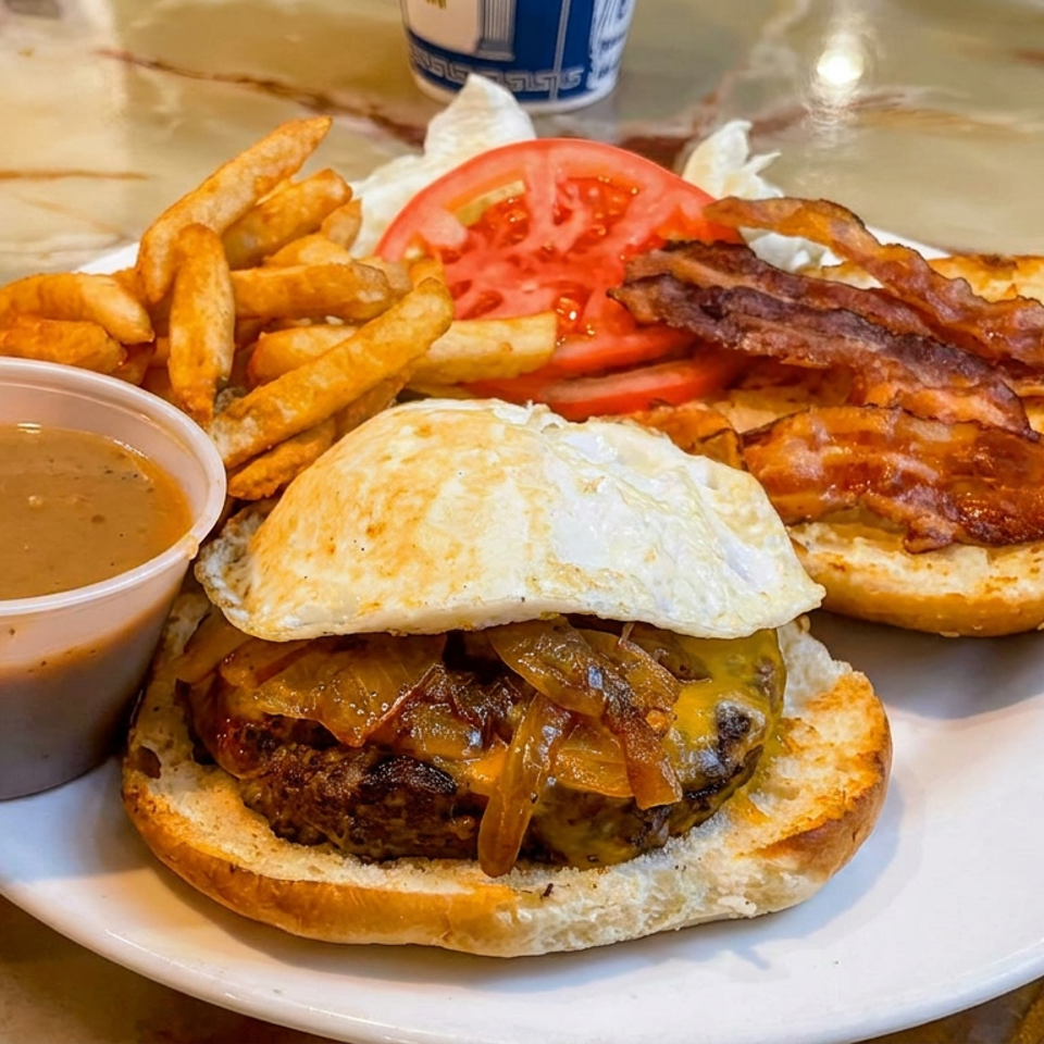 Plate featuring a cheeseburger with grilled onions, bacon burger with tomato, French fries, and dipping sauce on a diner table.