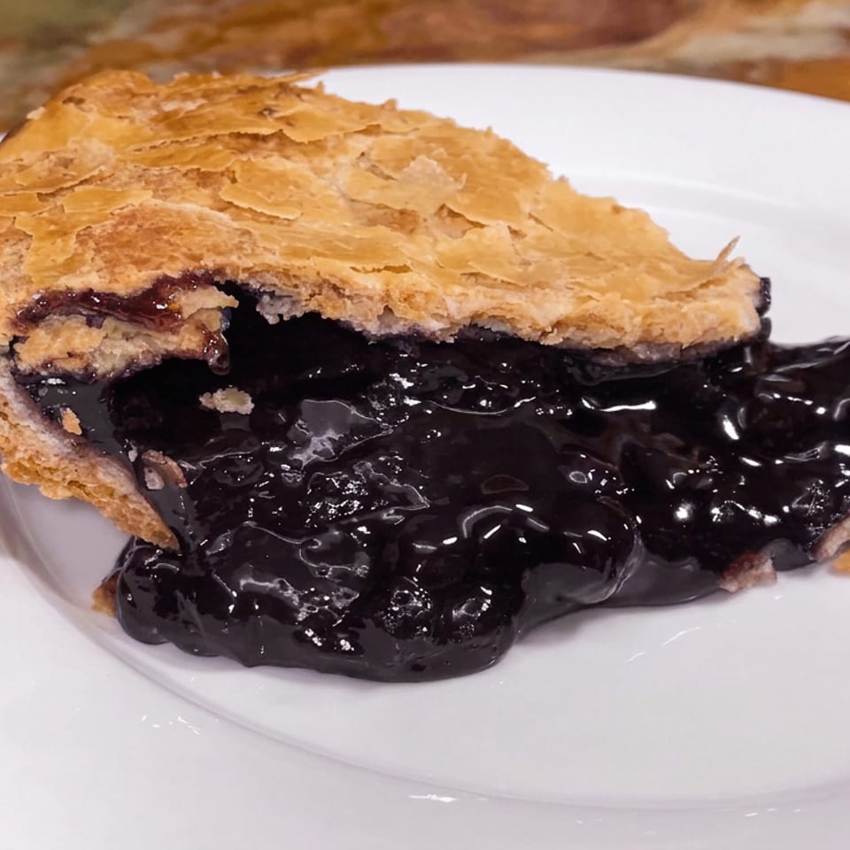 Slice of flaky blueberry pie with glossy berry filling on a white plate.
