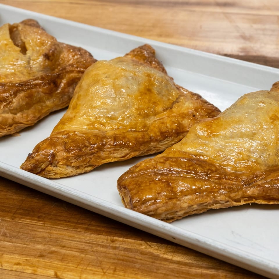 Golden-brown triangular pastries arranged on a white rectangular plate atop a wooden table.