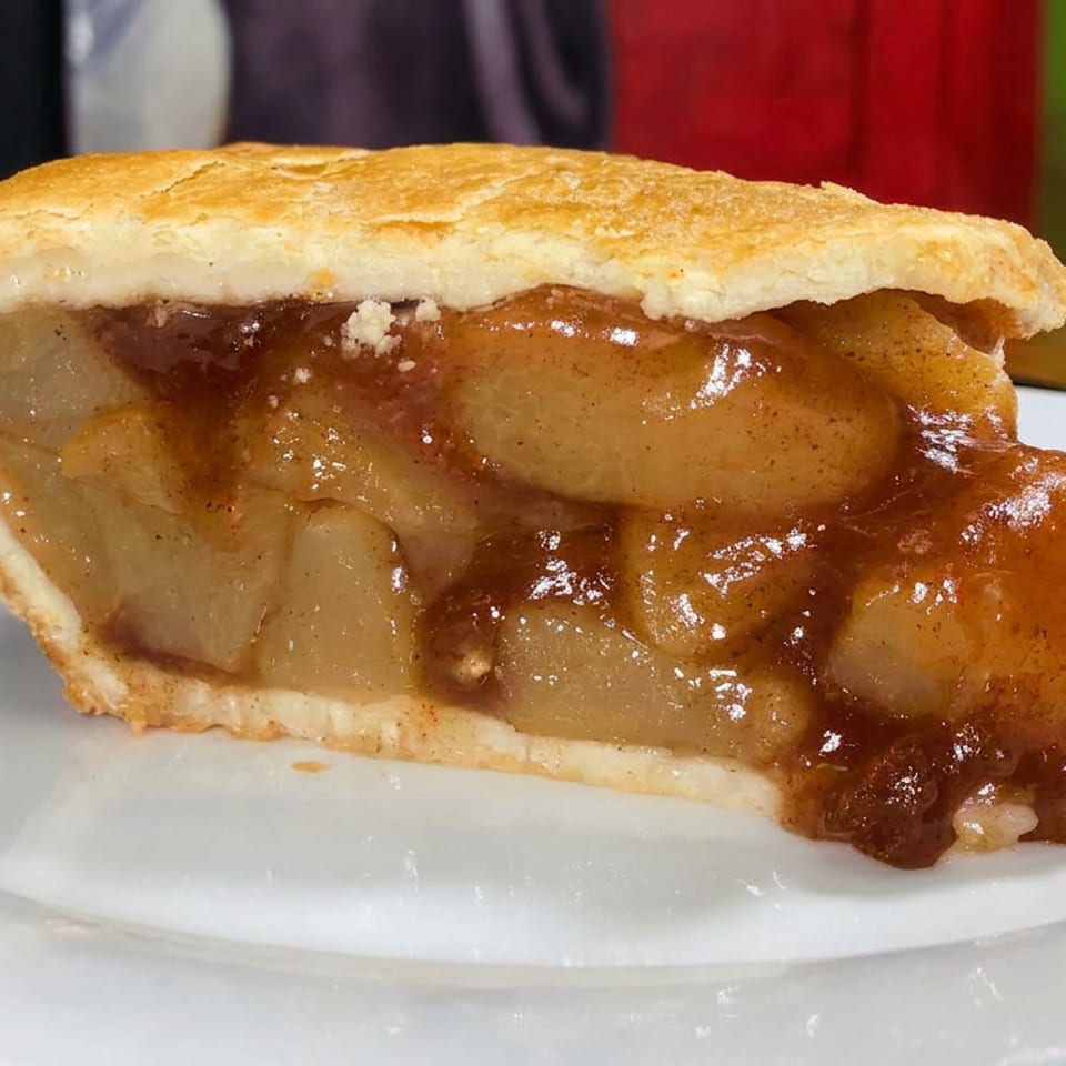 Slice of golden-crusted fruit pie filled with glossy, caramelized apple pieces on a white plate.