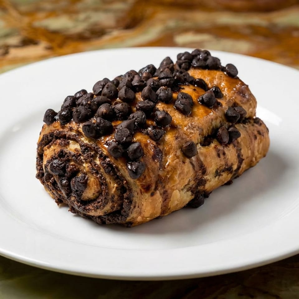 Chocolate chip pastry topped with chocolate chips on a white plate atop a rustic, multicolored wooden table.